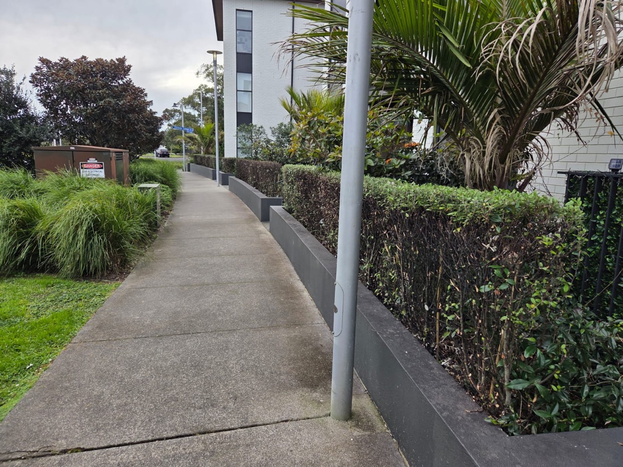 Clipped hedge running along a raised planter beside an apartment footpath